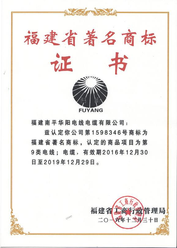 福建省著名商标证书